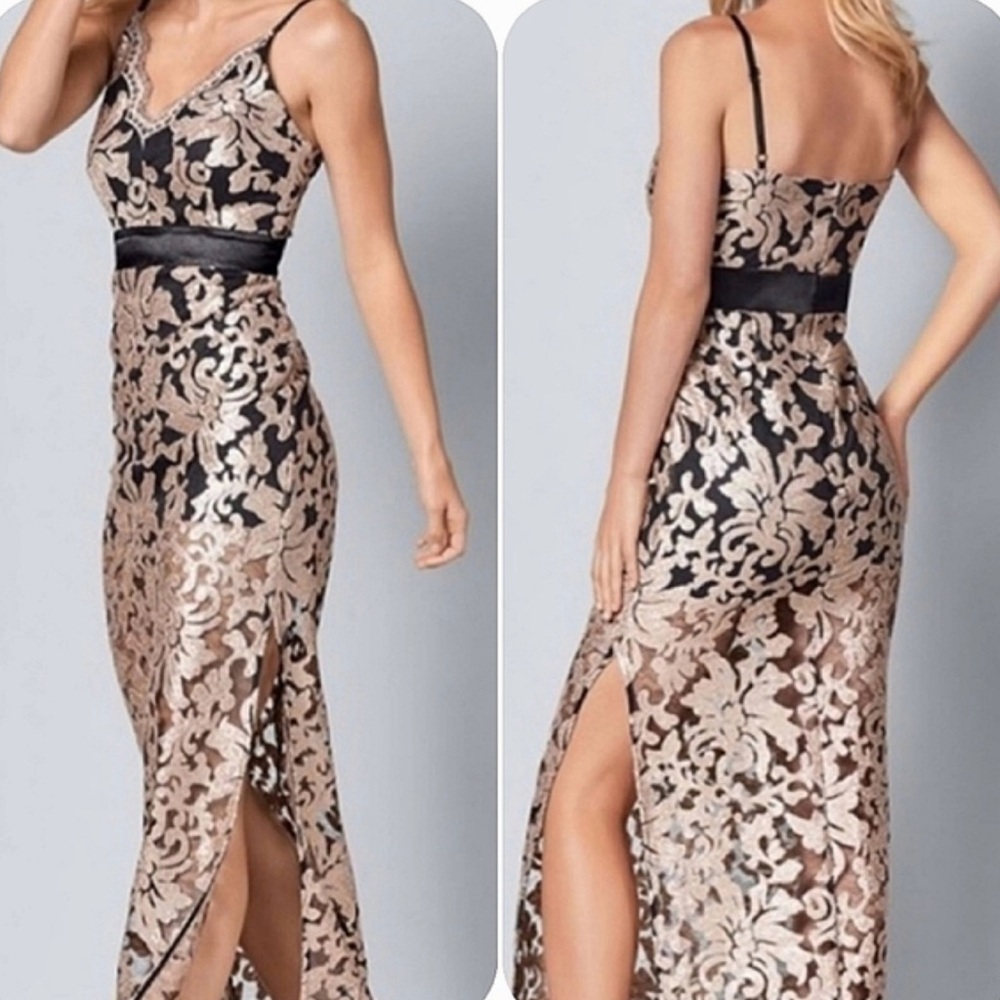 Venus champagne sequins floral Black and Gold Lace Evening Dress size 12